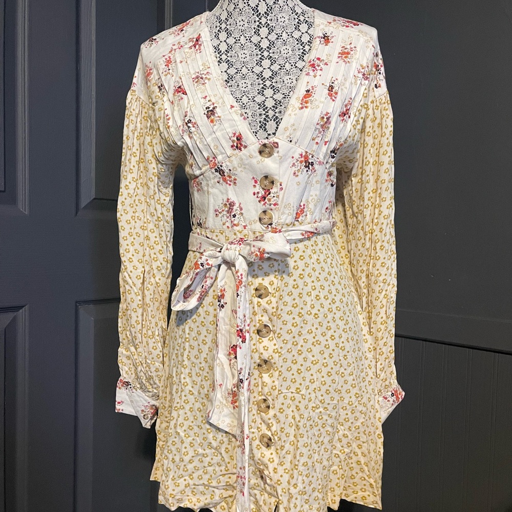 Free People Floral Button-Down Dress in Cream and Yellow